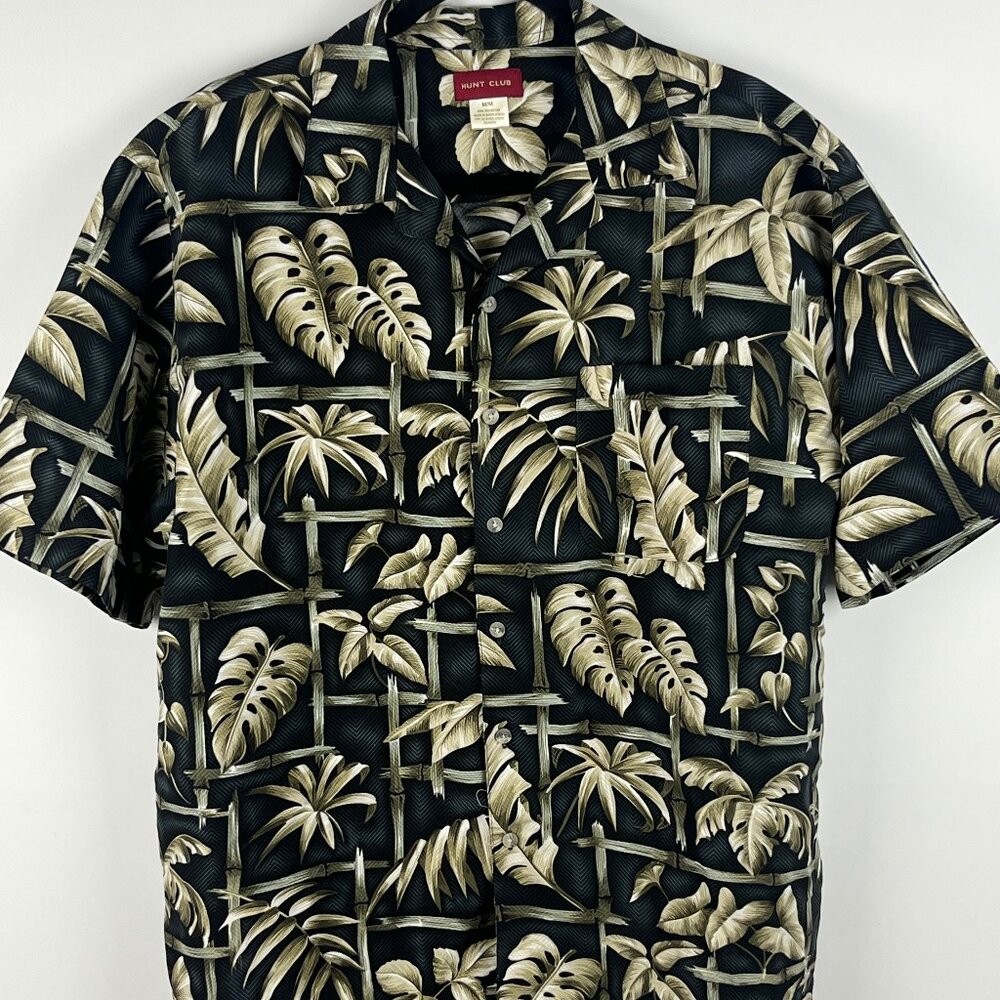 Hunt Club Casual Button Down Shirt Size M Gray Beige Short Sleeve Polyester